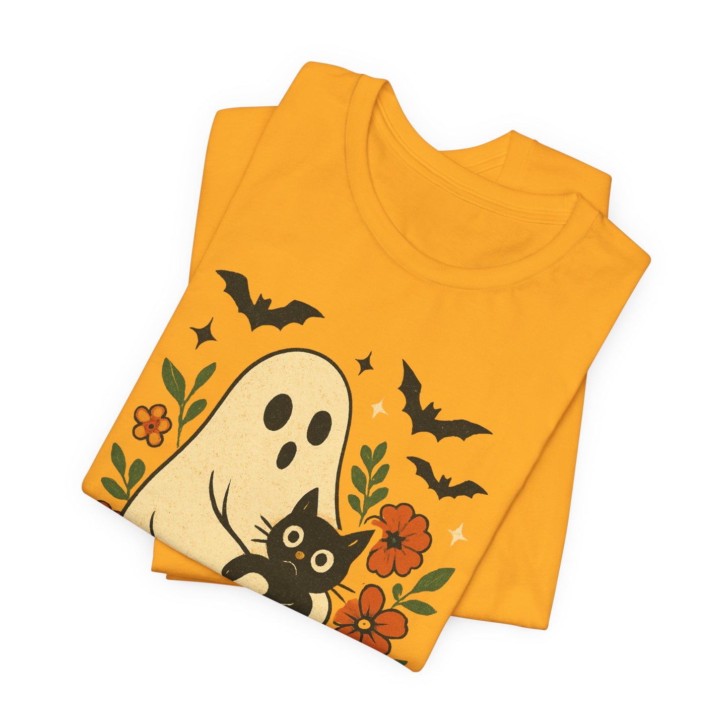 Fantasma espeluznante sosteniendo un gato negro con un elegante diseño floral para Halloween