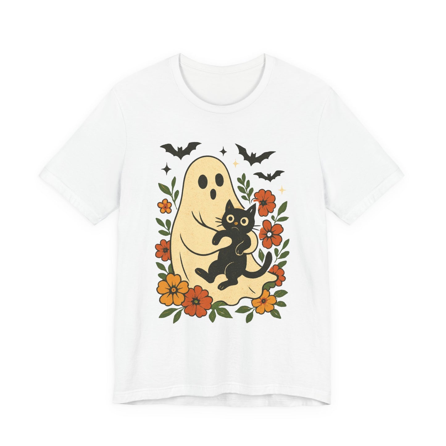 Fantasma espeluznante sosteniendo un gato negro con un elegante diseño floral para Halloween