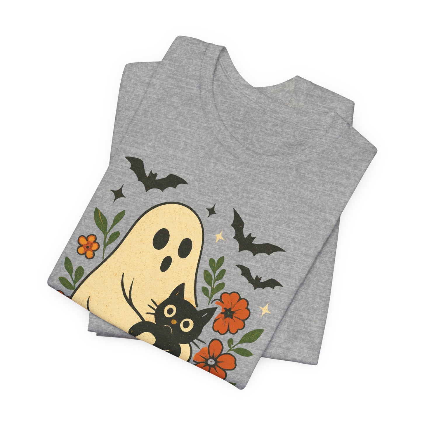 Fantasma espeluznante sosteniendo un gato negro con un elegante diseño floral para Halloween