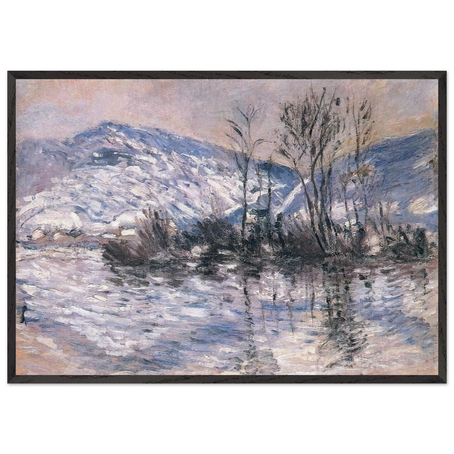 The Seine at Port Villez Snow Effect 02 - claude monet 70x100 cm / 28x40 inches Framed Art Print – Black Wooden Frame
