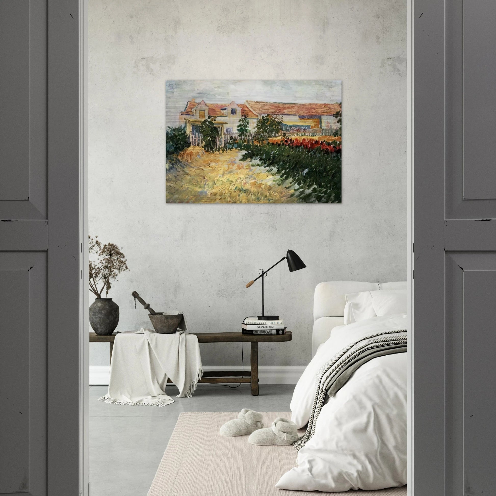 House with sunflowers - Vincent van Gogh Brushed Aluminum Print - 70x100 cm / 28x40 inches | Vincent van Gogh Aluminum Print | Vincent van Gogh Prints