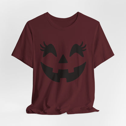 Camiseta de Halloween para mujer y niña con cara de Jack O'Lantern y pestañas de calabaza