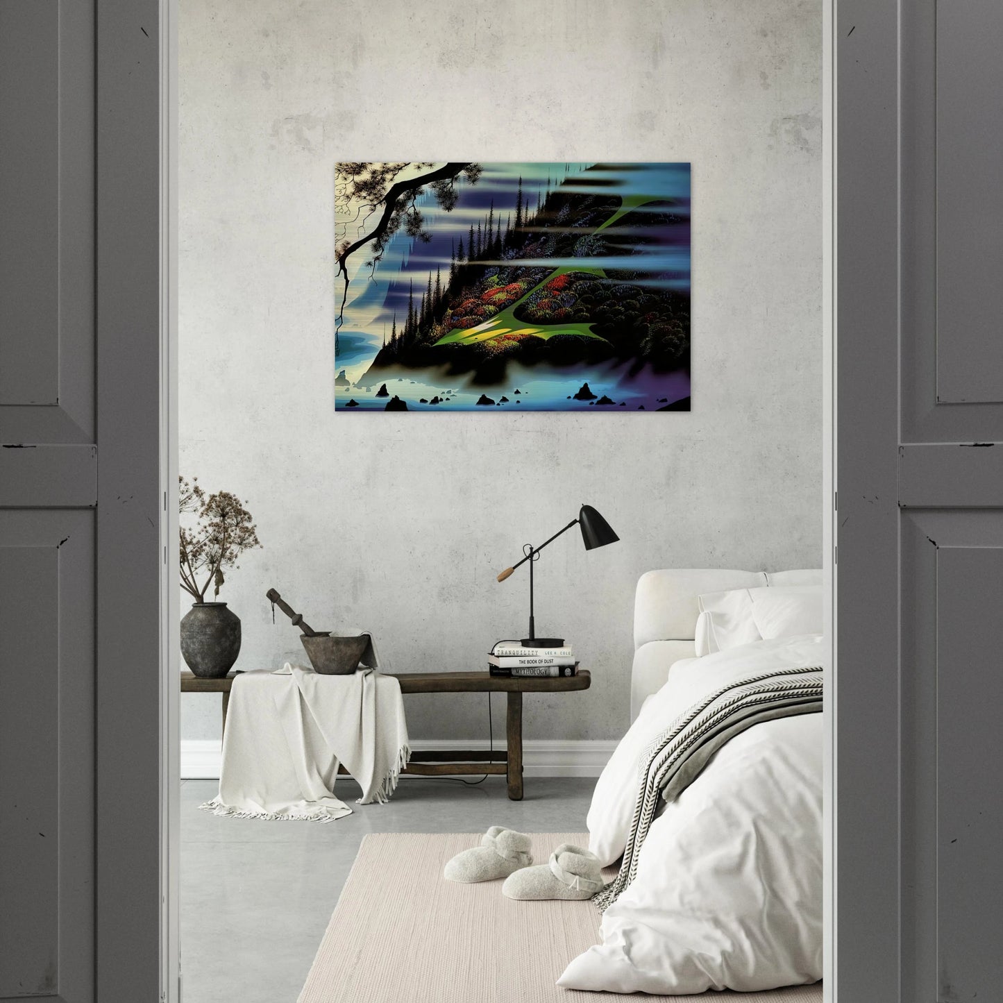 Pasture Through the Fog - Eyvind Earle Brushed Aluminum Print - 70x100 cm / 28x40 inches | Eyvind Earle Aluminum Print | Eyvind Earle Prints