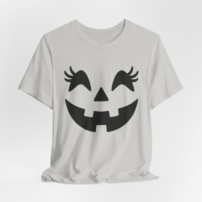 Camiseta de Halloween para mujer y niña con cara de Jack O'Lantern y pestañas de calabaza
