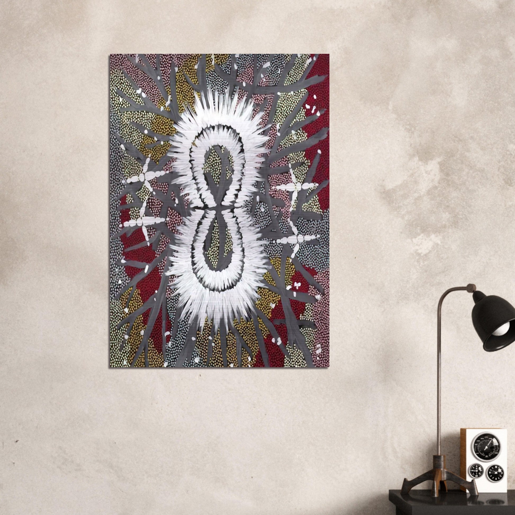 Eagle Dreaming - 1997 - Clifford Possum Tjapaltjarri Brushed Aluminum Print - 70x100 cm / 28x40 inches | Clifford Possum Tjapaltjarri Aluminum Print | Clifford Possum Tjapaltjarri Prints