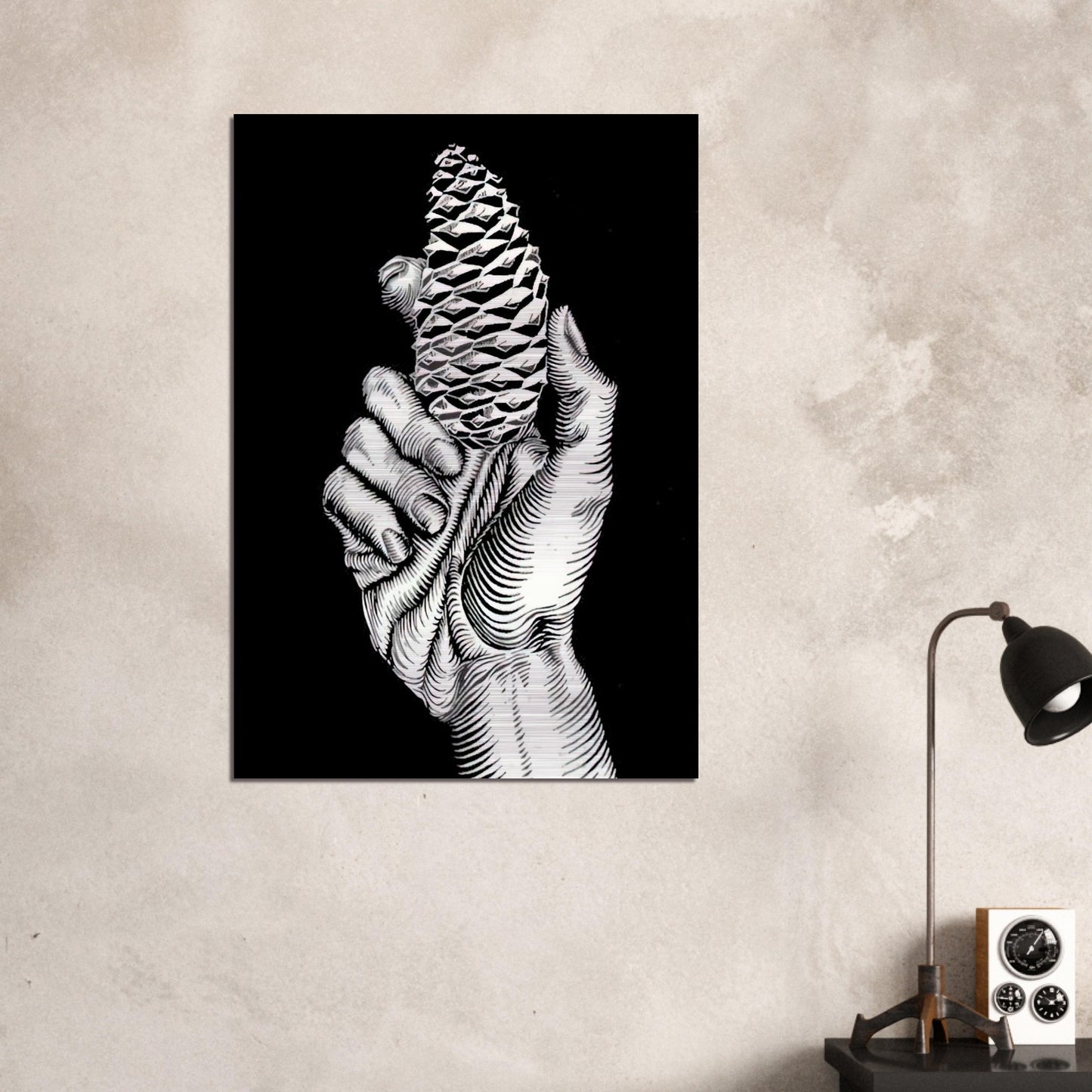 HAND WITH FIR CONE - MC Escher Brushed Aluminum Print - 70x100 cm / 28x40 inches | MC Escher Aluminum Print | MC Escher Prints