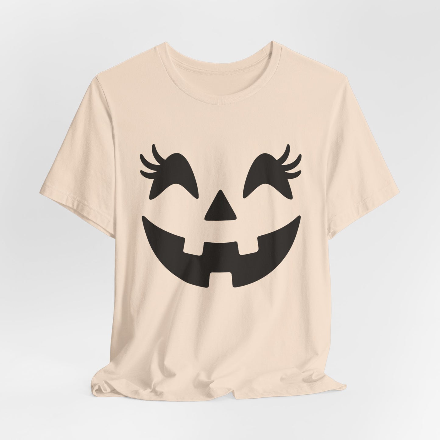 Camiseta de Halloween para mujer y niña con cara de Jack O'Lantern y pestañas de calabaza