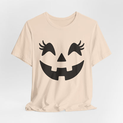 Camiseta de Halloween para mujer y niña con cara de Jack O'Lantern y pestañas de calabaza