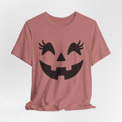 Camiseta de Halloween para mujer y niña con cara de Jack O'Lantern y pestañas de calabaza
