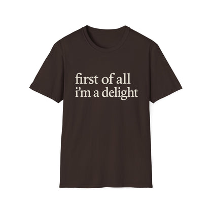 Camiseta "Primero que nada soy un deleite", camiseta con cita divertida para mujer, camiseta con frase atrevida, regalo gráfico ingenioso para la mejor amiga