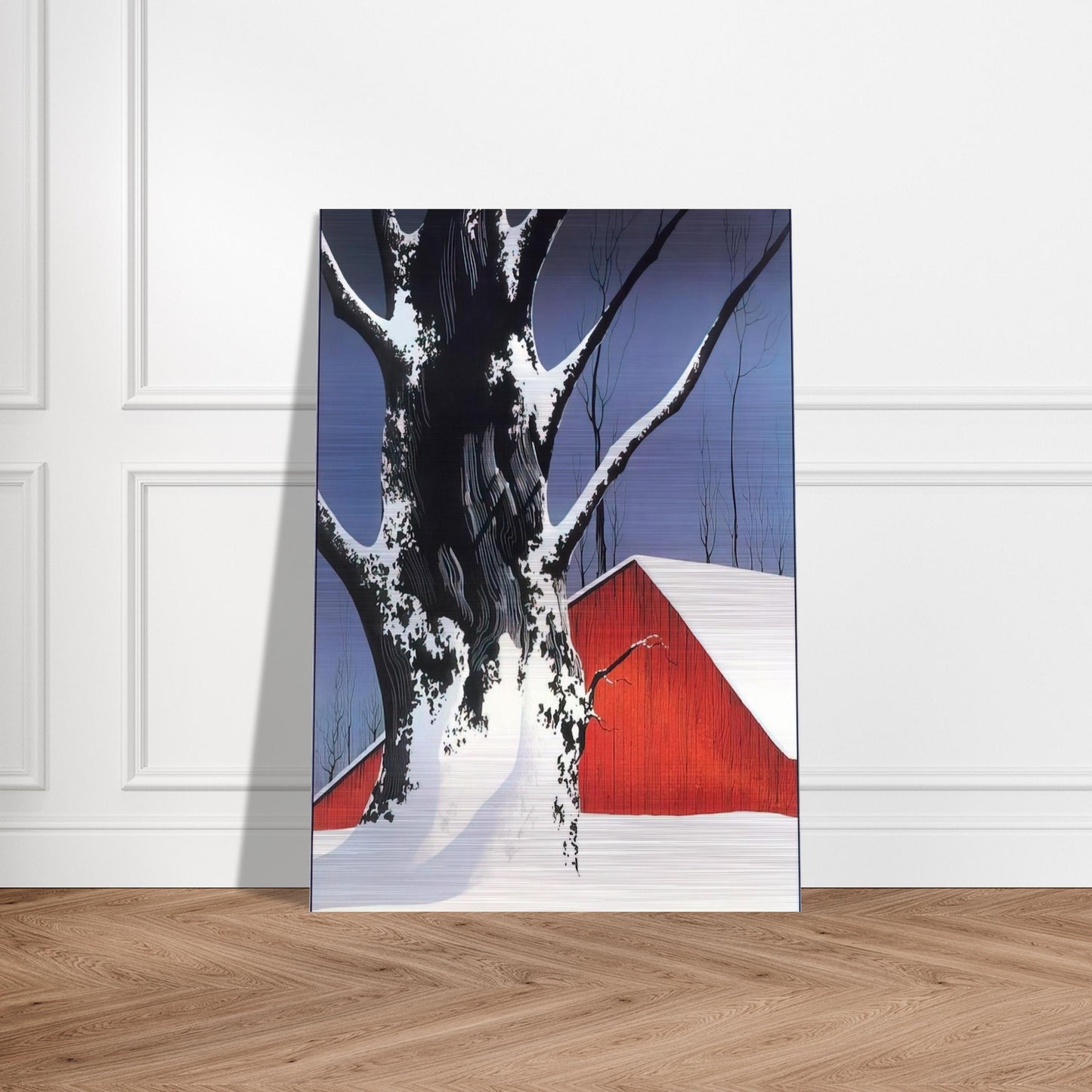 Red Barn and Tree Snow - Eyvind Earle Brushed Aluminum Print - 70x100 cm / 28x40 inches | Eyvind Earle Aluminum Print | Eyvind Earle Prints
