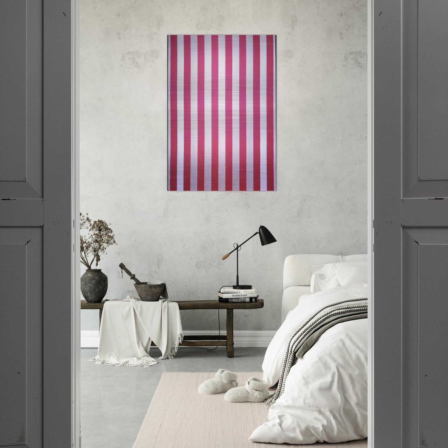 Peinture acrylique blanche sur tissu rayé blanc et rouge - 1970 - Daniel Buren Brushed Aluminum Print - 70x100 cm / 28x40 inches | Daniel Buren Aluminum Print | Daniel Buren Prints