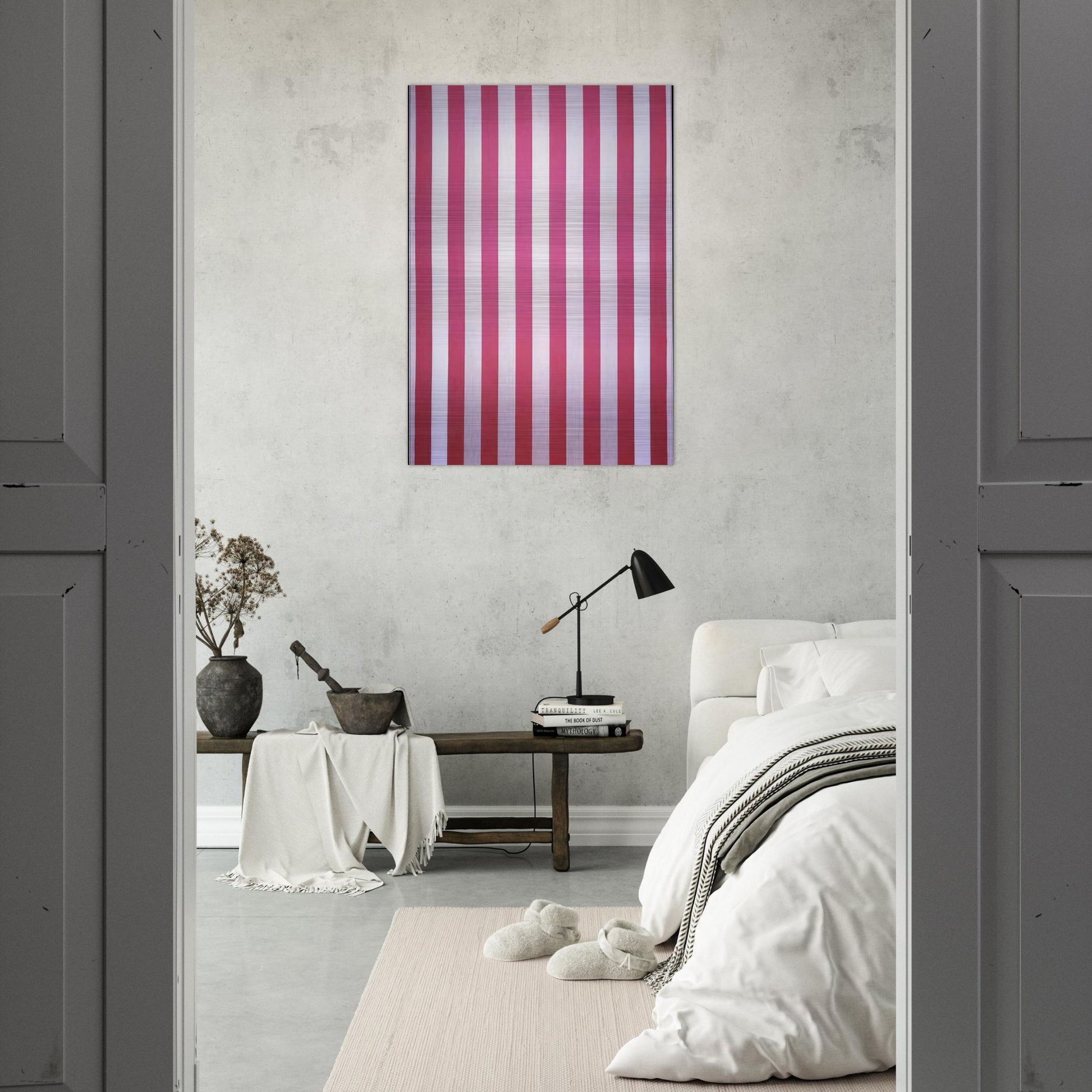 Peinture acrylique blanche sur tissu rayé blanc et rouge - 1970 - Daniel Buren Brushed Aluminum Print - 70x100 cm / 28x40 inches | Daniel Buren Aluminum Print | Daniel Buren Prints