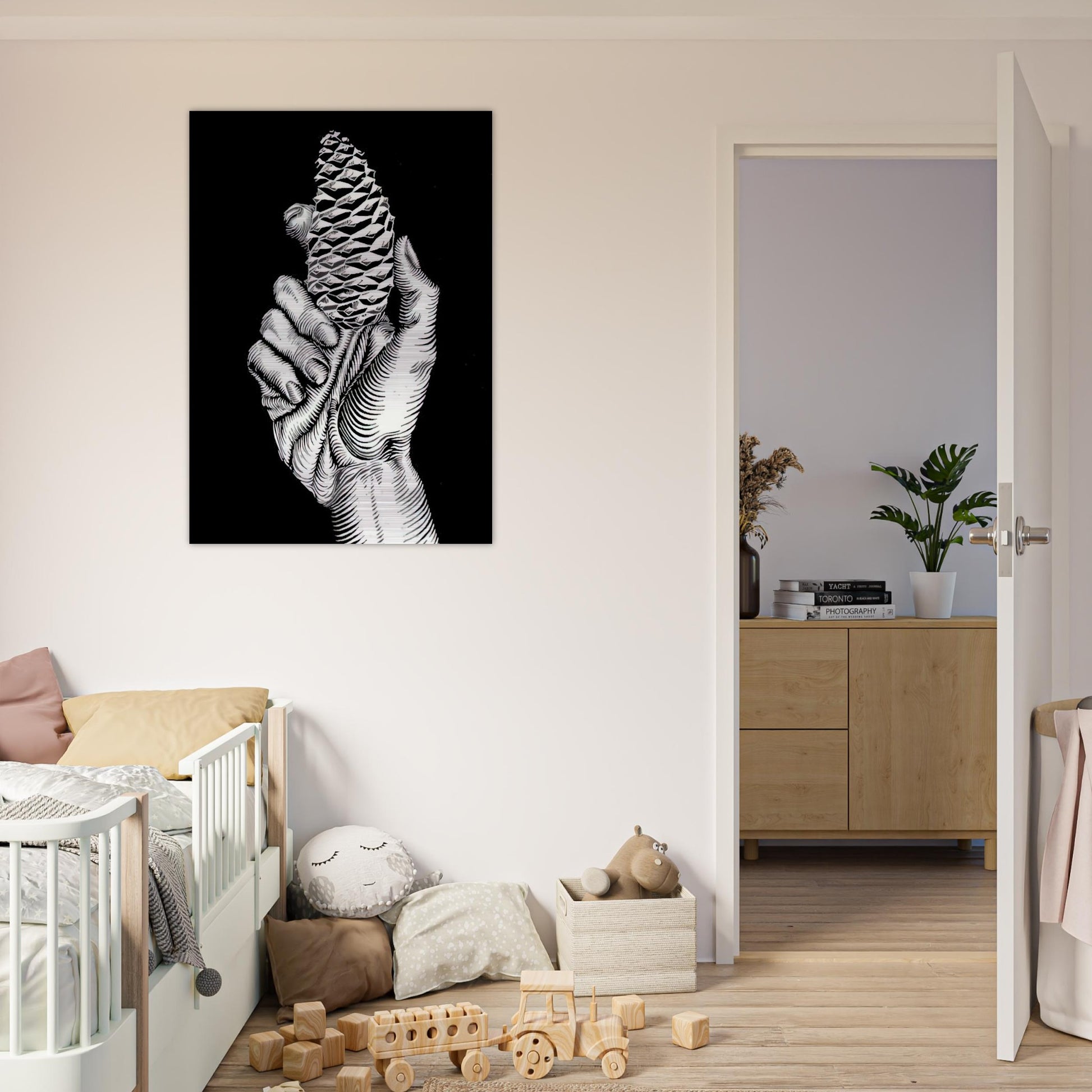 HAND WITH FIR CONE - MC Escher Brushed Aluminum Print - 70x100 cm / 28x40 inches | MC Escher Aluminum Print | MC Escher Prints