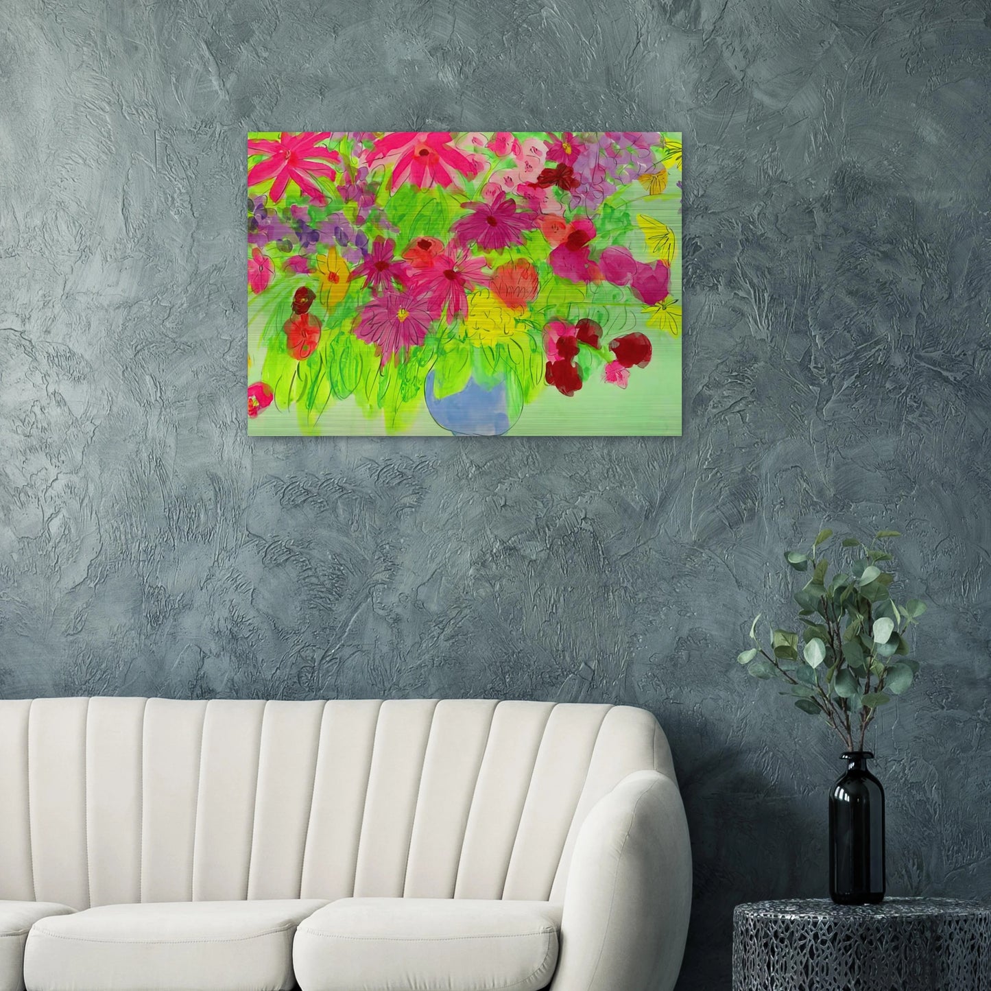 Blue Vase, Many Flowers - Naïve Art Primitivism, Pop Art - Walasse Ting Brushed Aluminum Print - 70x100 cm / 28x40 inches | Walasse Ting Aluminum Print | Walasse Ting Prints