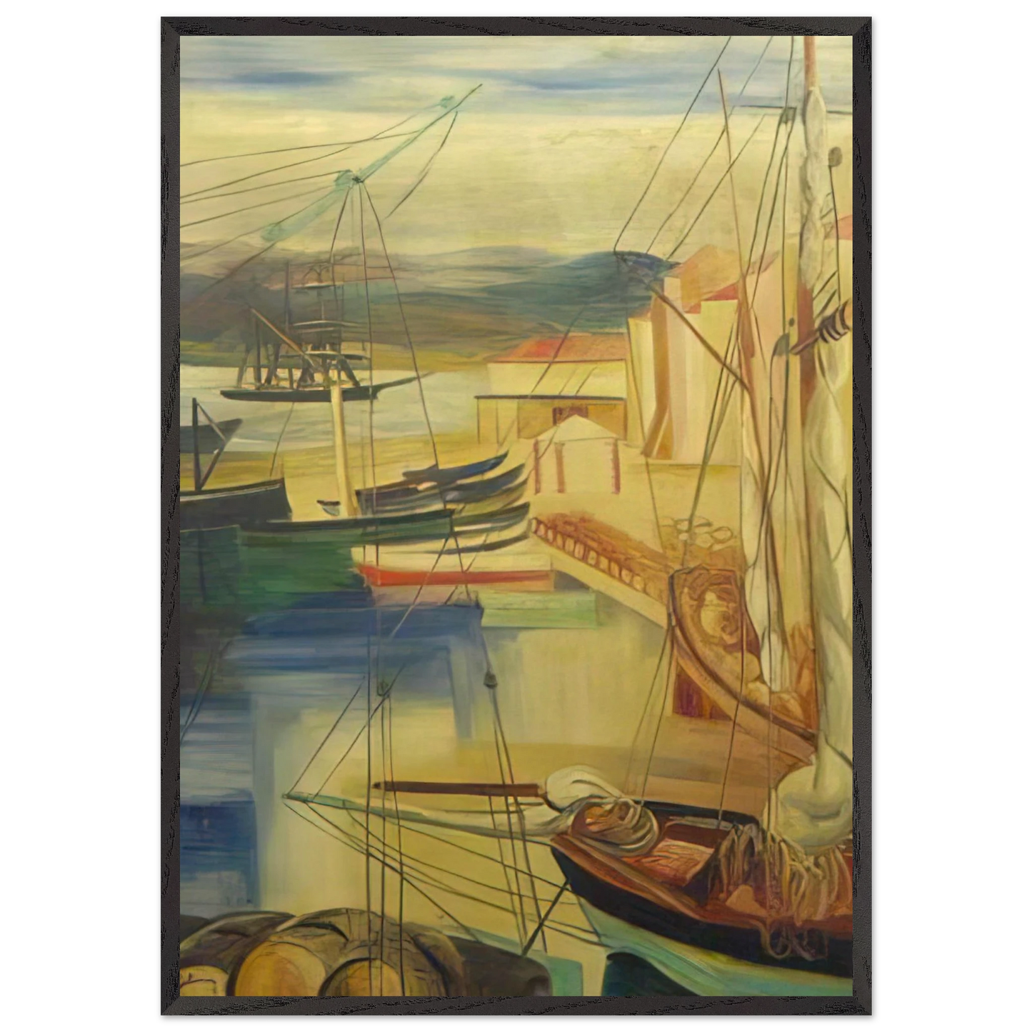 SHIPS MOORED ALONG THE DOCKS - Moise Kisling 70x100 cm / 28x40 inches Framed Art Print – Black Wooden Frame