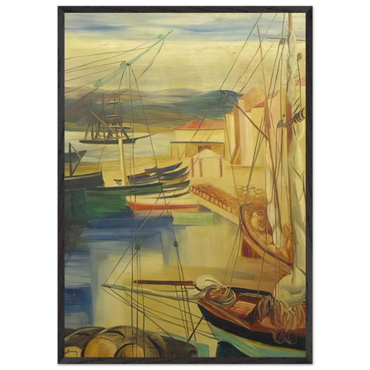 SHIPS MOORED ALONG THE DOCKS - Moise Kisling 70x100 cm / 28x40 inches Framed Art Print – Black Wooden Frame