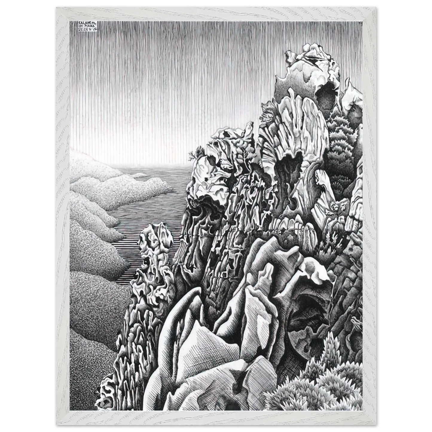 MC Escher - CALANQUES DE PIANA Wall Art - 30x40 cm / 12x16 inches - Premium Wooden Framed Poster With Fine Art Paper-canvas - Black frame