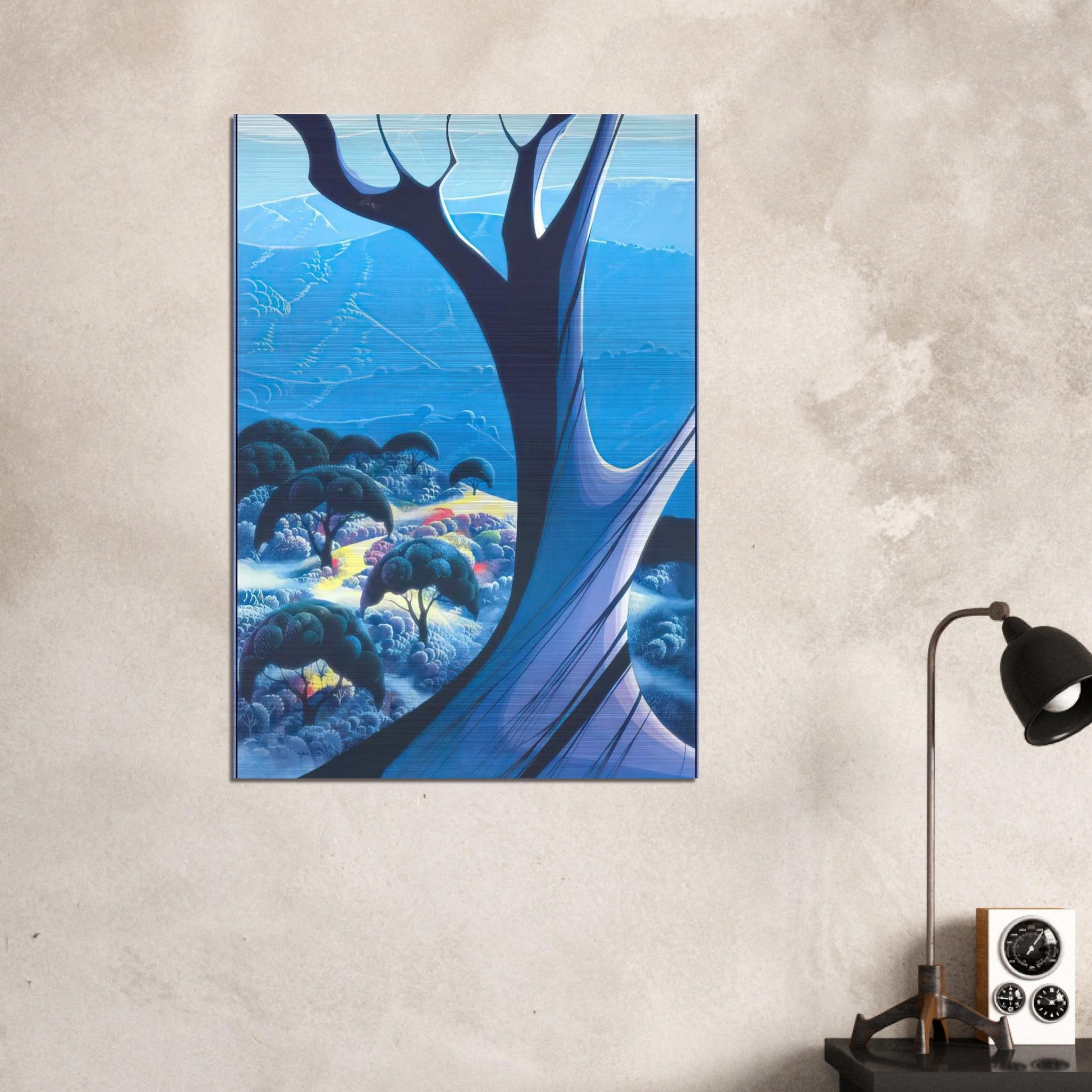 Purple Treeand Mountains - Eyvind Earle Brushed Aluminum Print - 70x100 cm / 28x40 inches | Eyvind Earle Aluminum Print | Eyvind Earle Prints