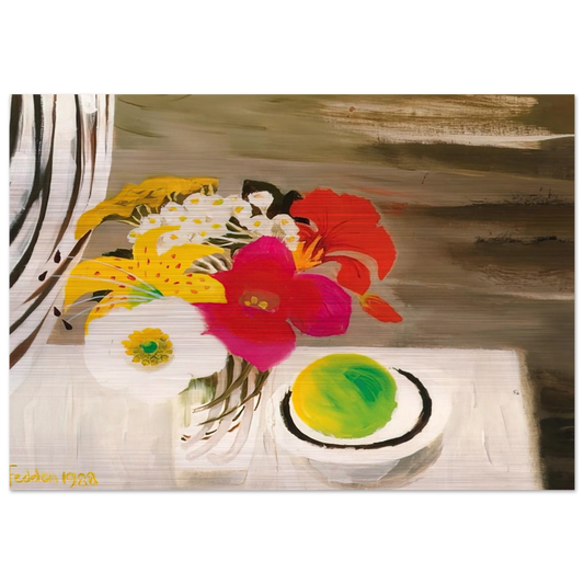 Still Life with Fruit and Flowers - 1988 - Mary Fedden Brushed Aluminum Print - 70x100 cm / 28x40 inches | Mary Fedden Aluminum Print | Mary Fedden Prints