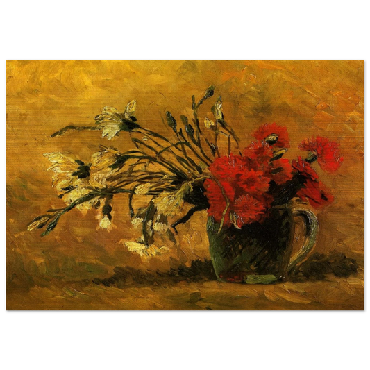 Vase with Red and White Carnations on a Yellow Background - Vincent van Gogh Brushed Aluminum Print - 70x100 cm / 28x40 inches | Vincent van Gogh Aluminum Print | Vincent van Gogh Prints