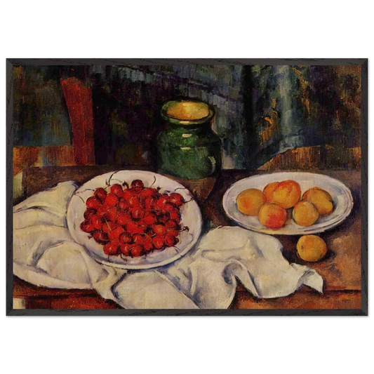 Still Life with a Plate of Cherries - Paul Cezanne 70x100 cm / 28x40 inches Framed Art Print – Black Wooden Frame