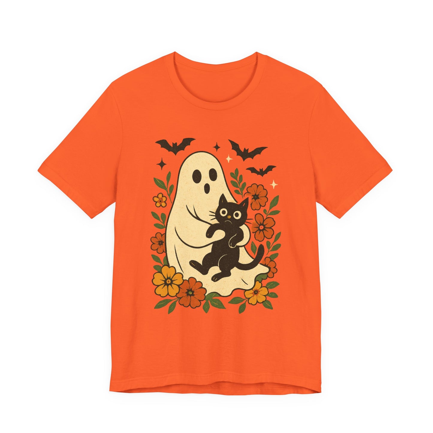 Fantasma espeluznante sosteniendo un gato negro con un elegante diseño floral para Halloween