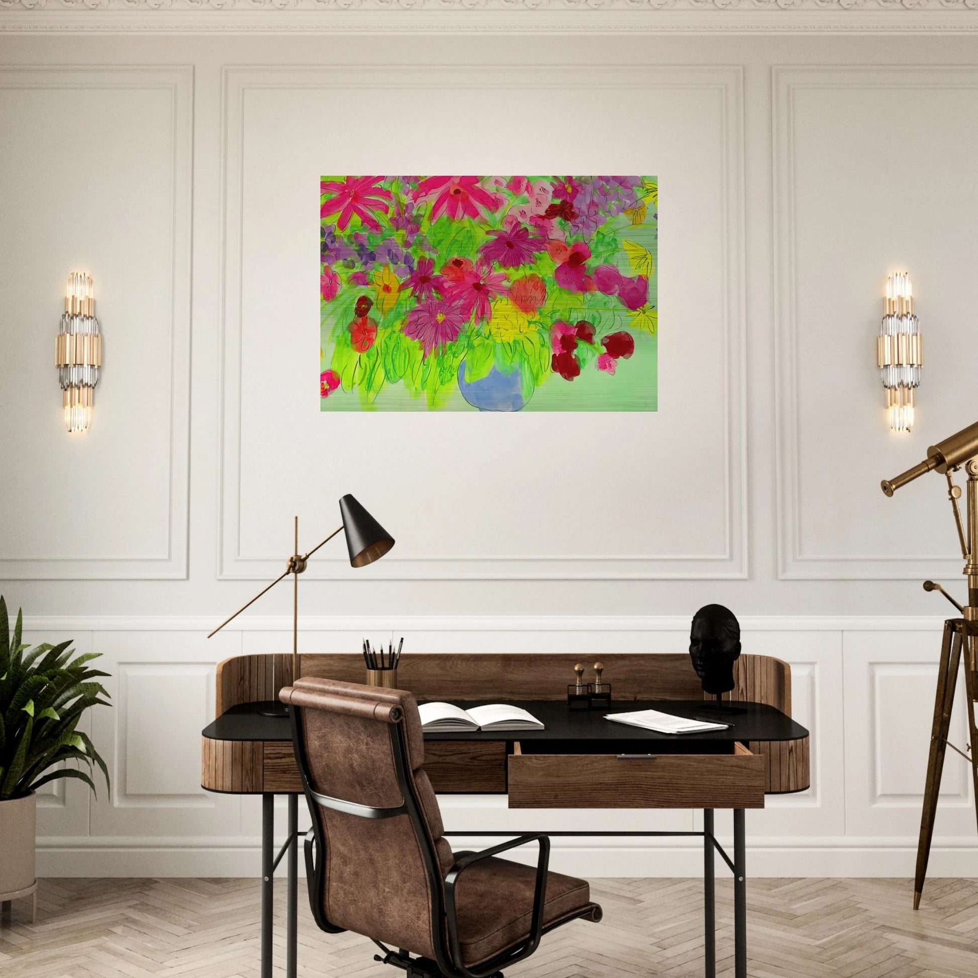 Blue Vase, Many Flowers - Naïve Art Primitivism, Pop Art - Walasse Ting Brushed Aluminum Print - 70x100 cm / 28x40 inches | Walasse Ting Aluminum Print | Walasse Ting Prints