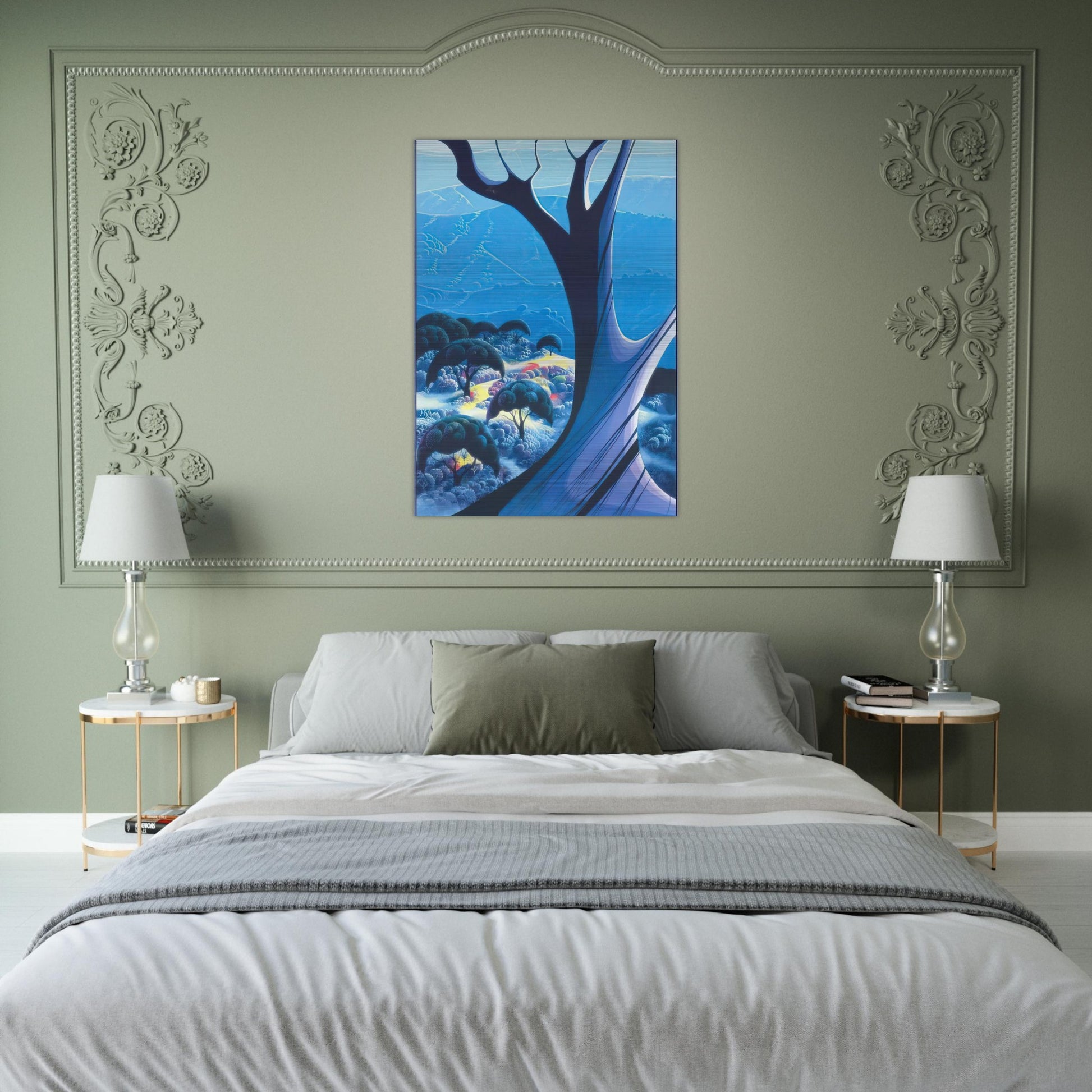 Purple Treeand Mountains - Eyvind Earle Brushed Aluminum Print - 70x100 cm / 28x40 inches | Eyvind Earle Aluminum Print | Eyvind Earle Prints