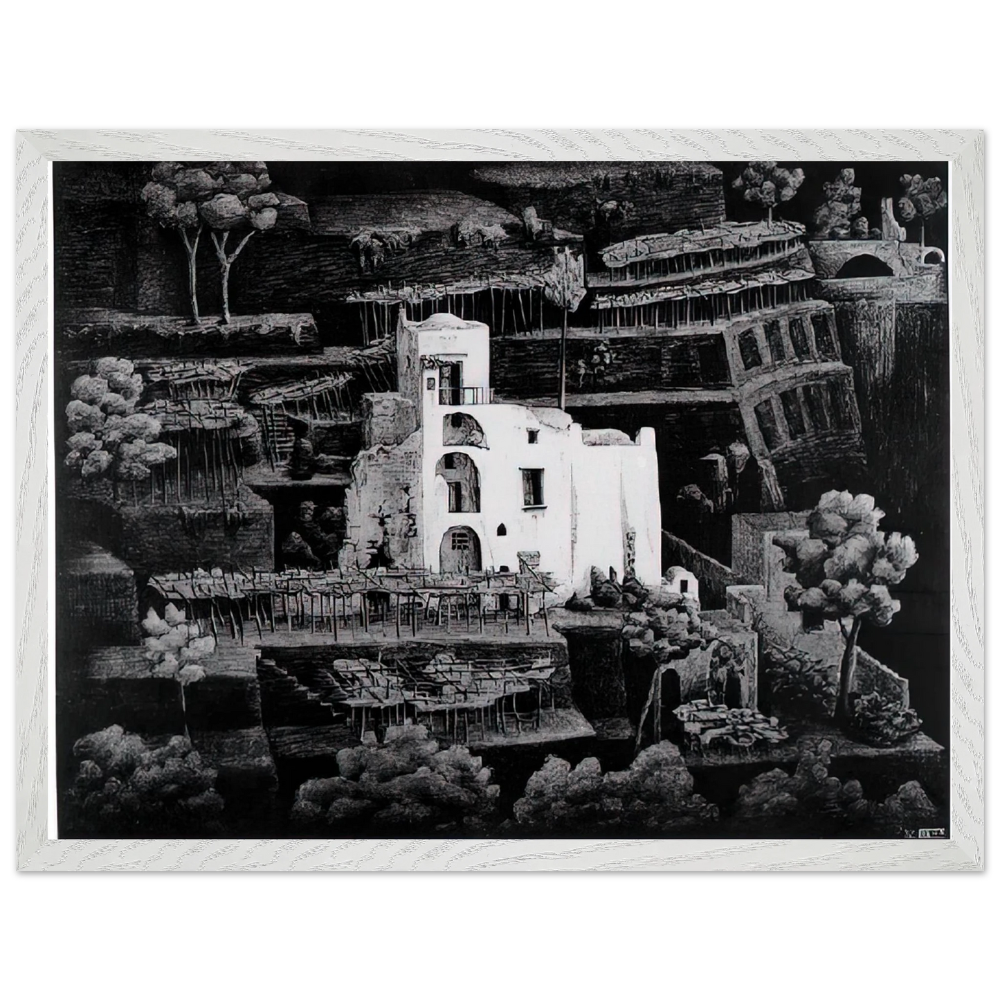 MC Escher - FARMHOUSE RAVELLO Wall Art - 30x40 cm / 12x16 inches - Premium Wooden Framed Poster With Fine Art Paper - White frame