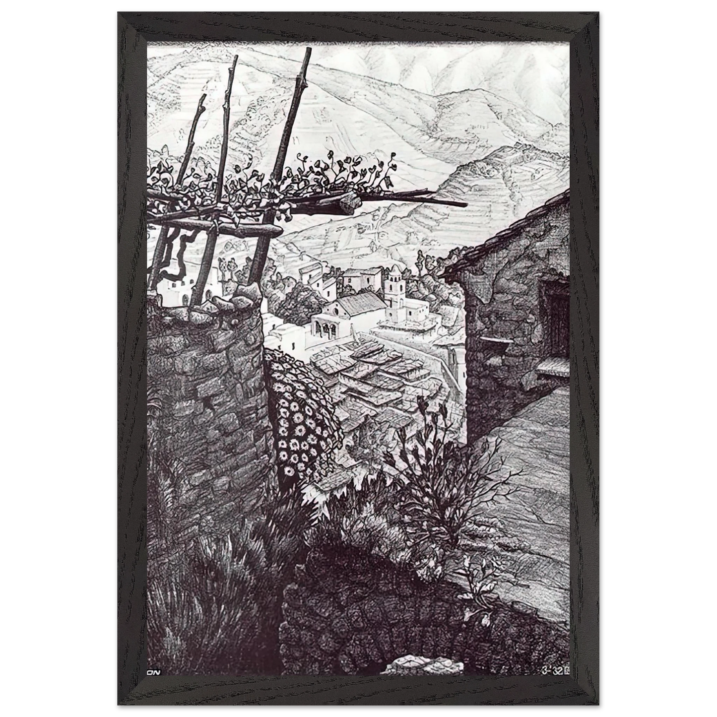 MC Escher - THE HAMLET OF TURELLO SOUTHERN ITALY Wall Art - 30x40 cm / 12x16 inches - Premium Wooden Framed Poster With Fine Art Paper-canvas - White frame