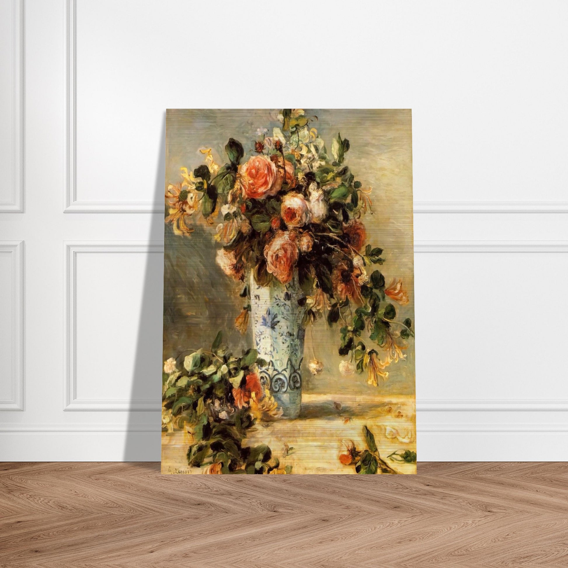 Roses and Jasmine in a Delft Vase - Pierre-Auguste Renoir Brushed Aluminum Print - 70x100 cm / 28x40 inches | Pierre-Auguste Renoir Aluminum Print | Pierre-Auguste Renoir Prints