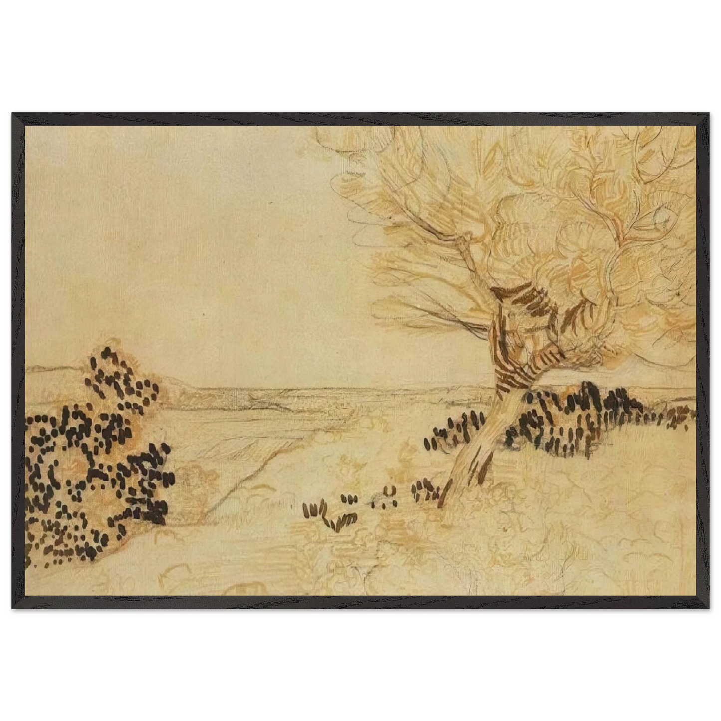 Landscape with a Tree in the Foreground - Vincent van Gogh 70x100 cm / 28x40 inches Framed Art Print – Black Wooden Frame