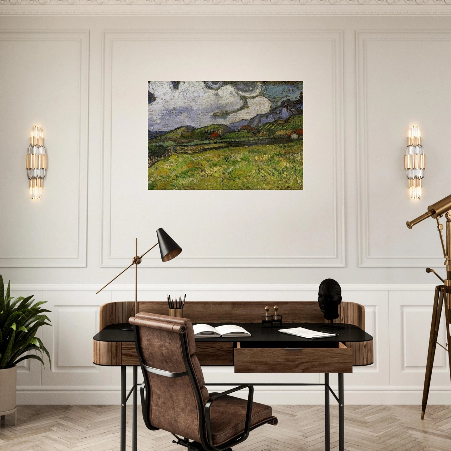 Wheat Field behind Saint-Paul Hospital with a Reaper - Vincent van Gogh Brushed Aluminum Print - 70x100 cm / 28x40 inches | Vincent van Gogh Aluminum Print | Vincent van Gogh Prints