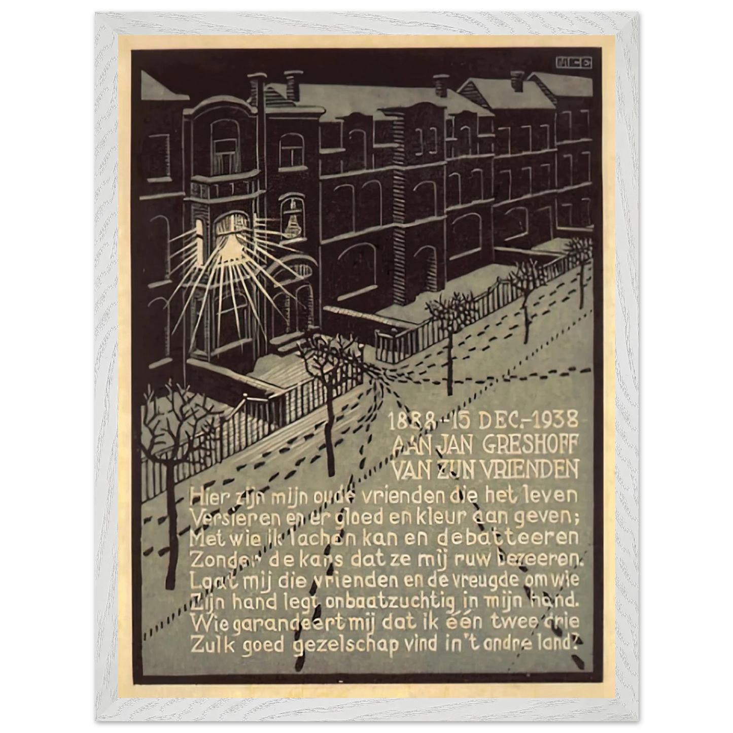 MC Escher - BIRTHDAY CARD FOR G GERSHOFF NOVEMBER 1938 1938 Wall Art - 30x40 cm / 12x16 inches - Premium Wooden Framed Poster With Fine Art Paper - Black frame
