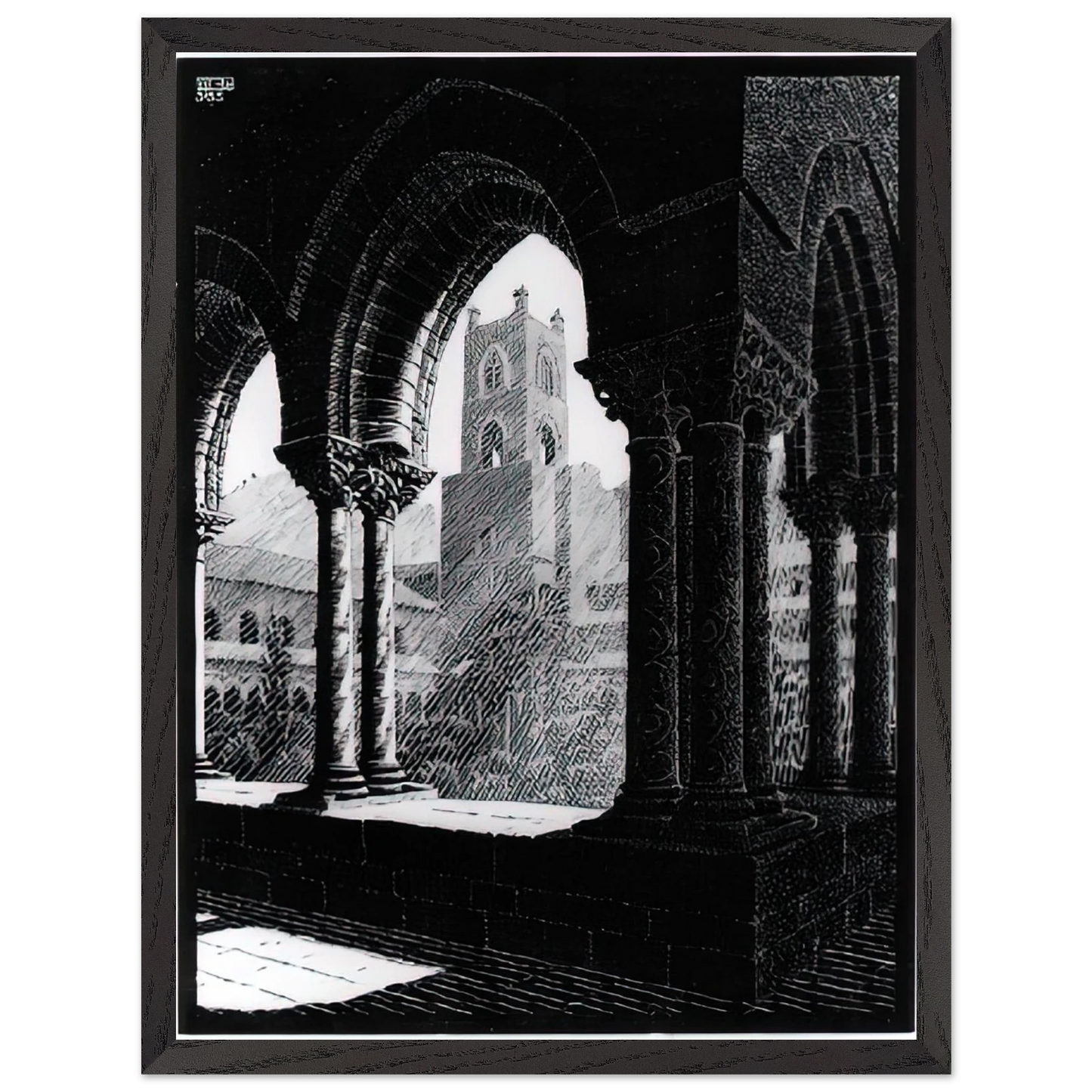 MC Escher - CLOISTER OF MONREALE SICILY Wall Art - 30x40 cm / 12x16 inches - Premium Wooden Framed Poster With Fine Art Paper-canvas - White frame