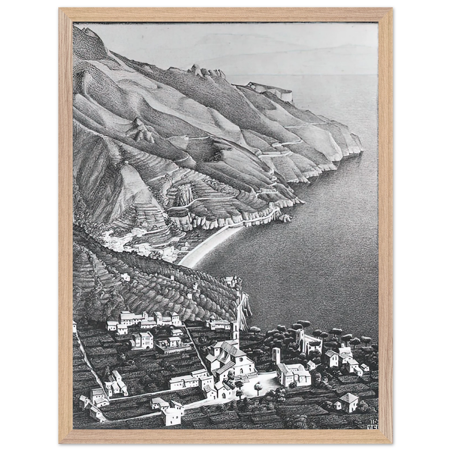 MC Escher - RAVELLO AND THE COAST OF AMALFI Wall Art - 60x80 cm / 24x32 inches - Premium Wooden Framed Poster With Fine Art Paper-canvas - Black frame