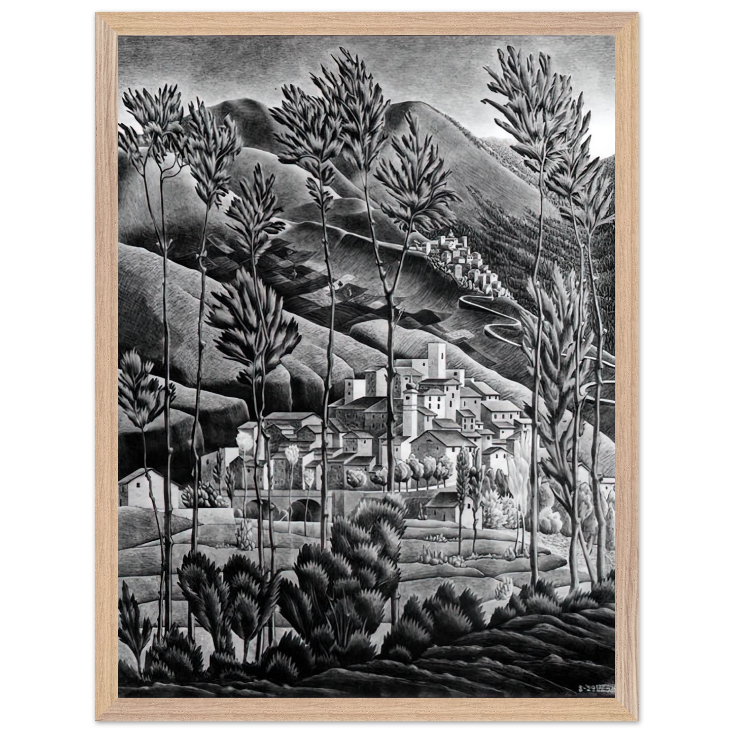 MC Escher - ALFEDENA ABRUZZI Wall Art - 30x40 cm / 12x16 inches - Premium Wooden Framed Poster With Fine Art Paper - Black frame
