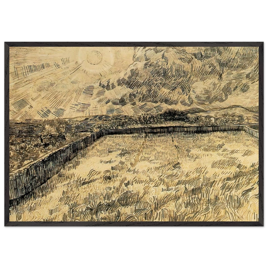Wheat field with sun and cloud - Vincent van Gogh 70x100 cm / 28x40 inches Framed Art Print – Black Wooden Frame