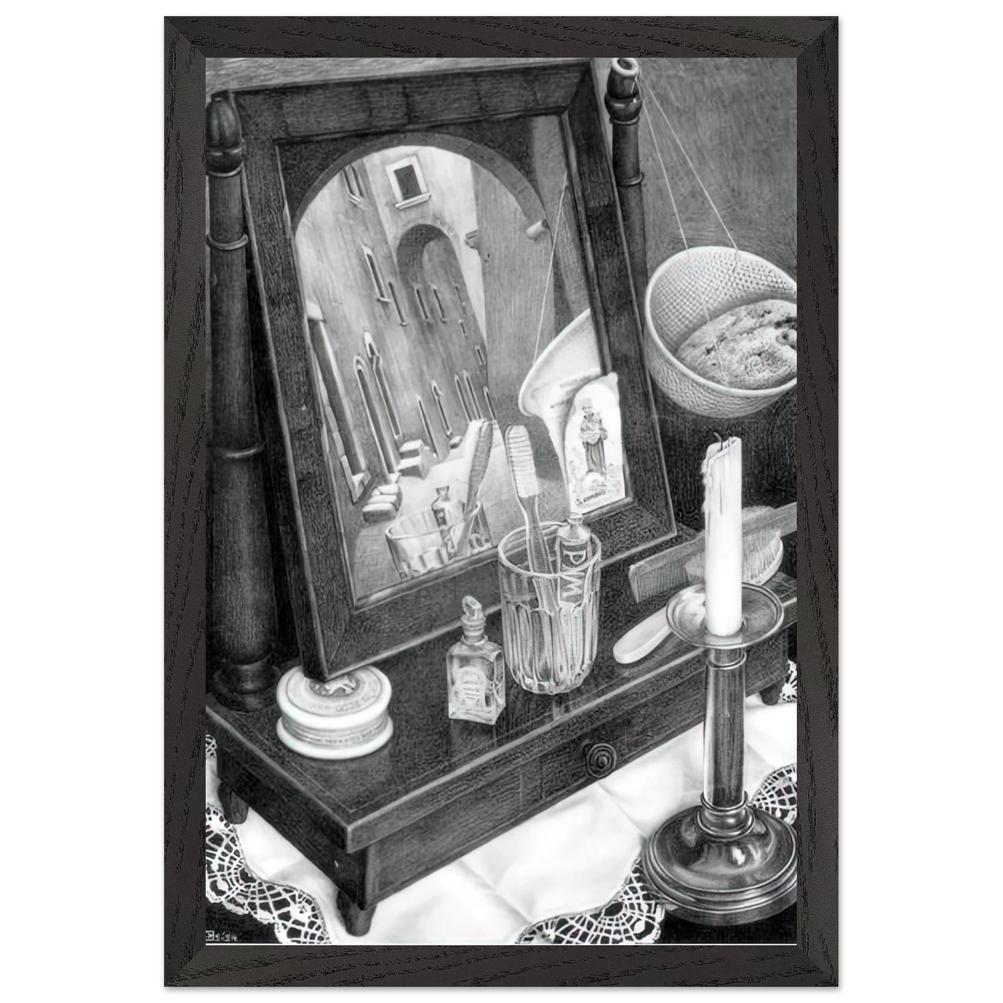 MC Escher - CANDLE MIRROR Wall Art - 21x29.7 cm / 8x12" - Premium Wooden Framed Poster With Fine Art Paper-canvas - Black frame