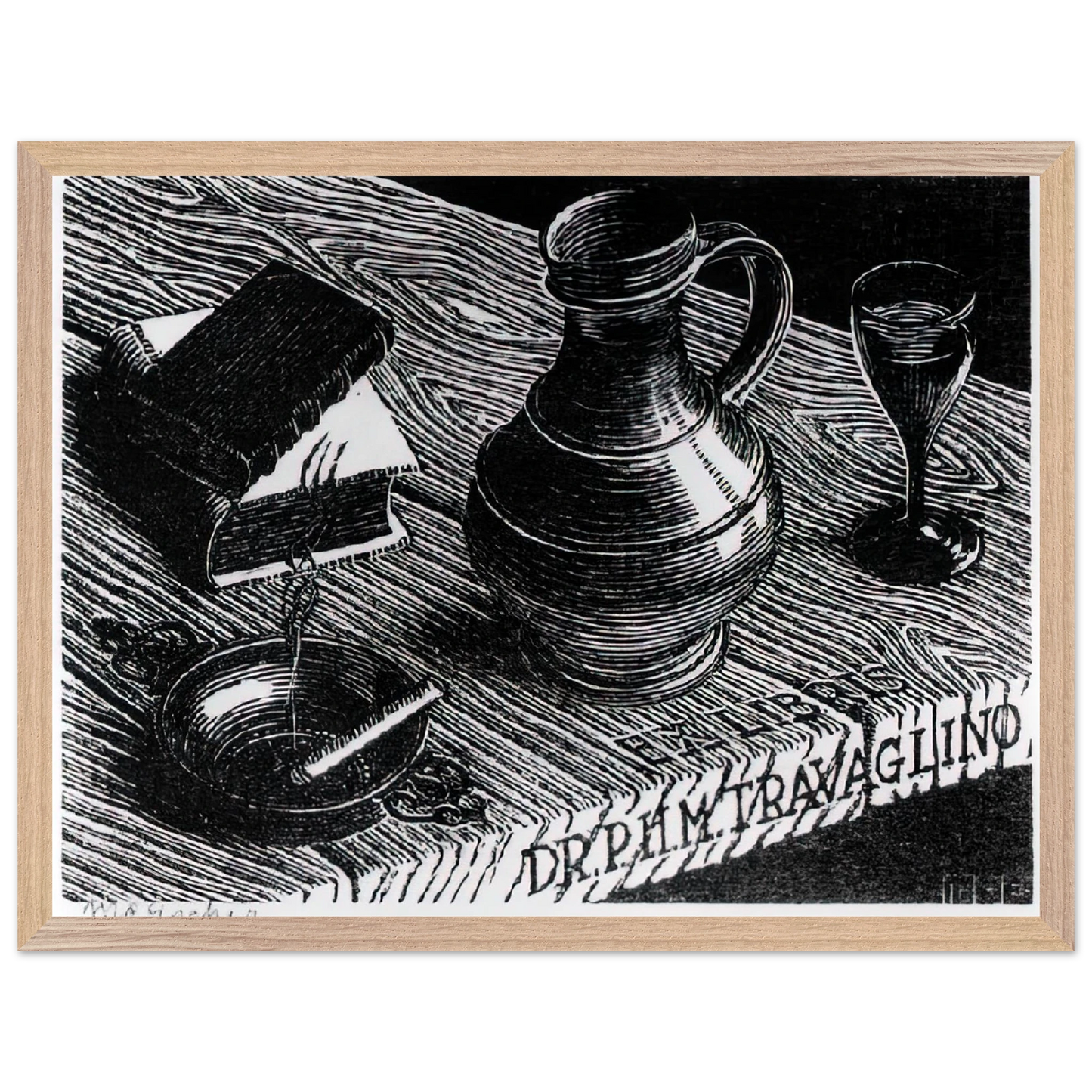 MC Escher - BOOKPLATE DR P H M TRAVAGLINO Wall Art - 60x80 cm / 24x32 inches - Premium Wooden Framed Poster With Fine Art Paper-canvas - White frame
