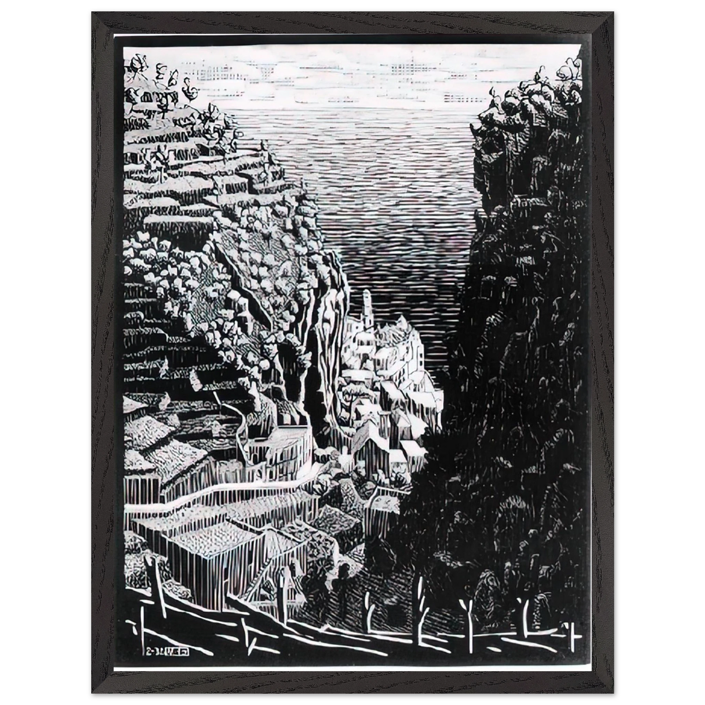 MC Escher - ATRANI COAST OF AMALFI 1 Wall Art - 60x80 cm / 24x32 inches - Premium Wooden Framed Poster With Fine Art Paper-canvas - Black frame