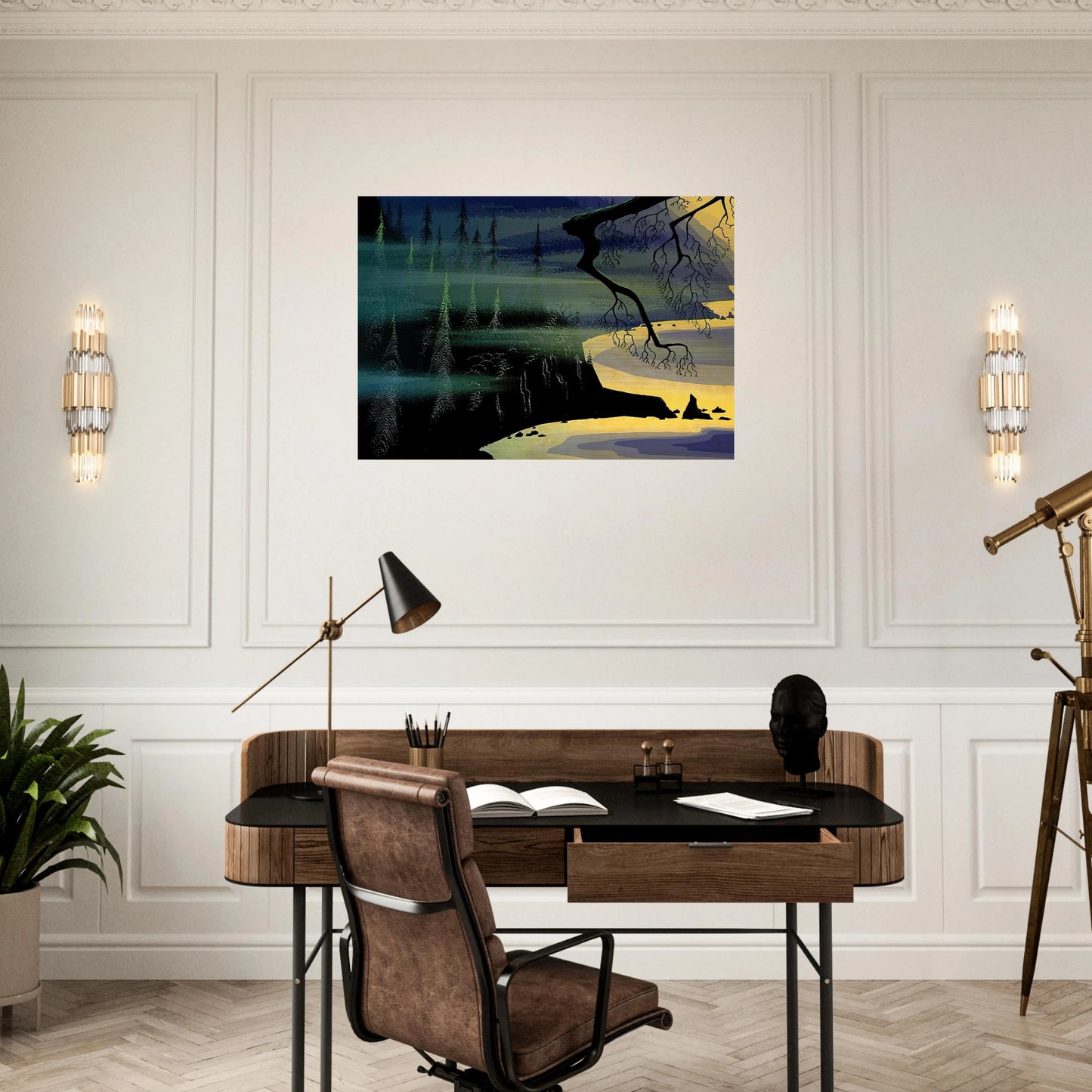 Blue Mist - Eyvind Earle Brushed Aluminum Print - 70x100 cm / 28x40 inches | Eyvind Earle Aluminum Print | Eyvind Earle Prints