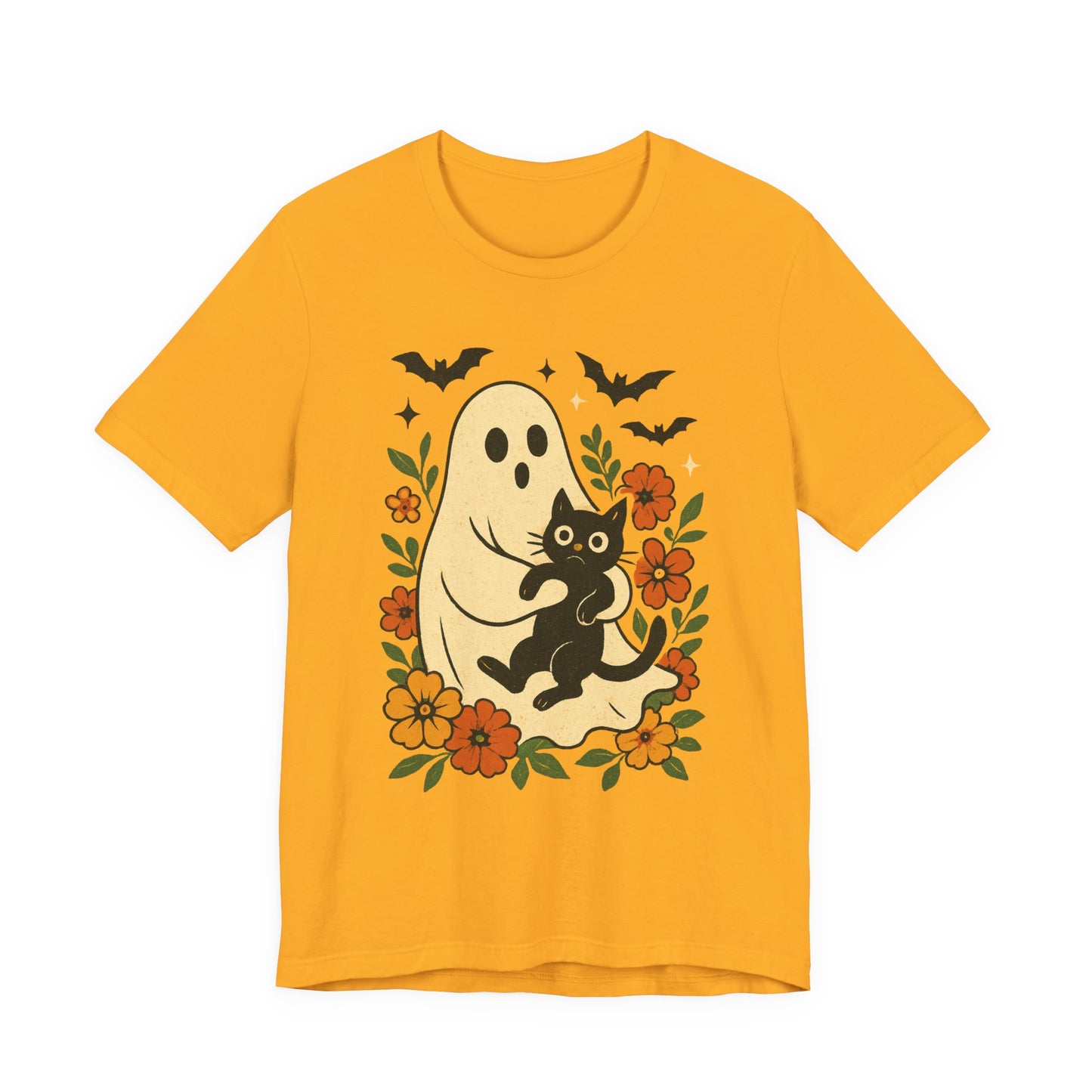 Fantasma espeluznante sosteniendo un gato negro con un elegante diseño floral para Halloween