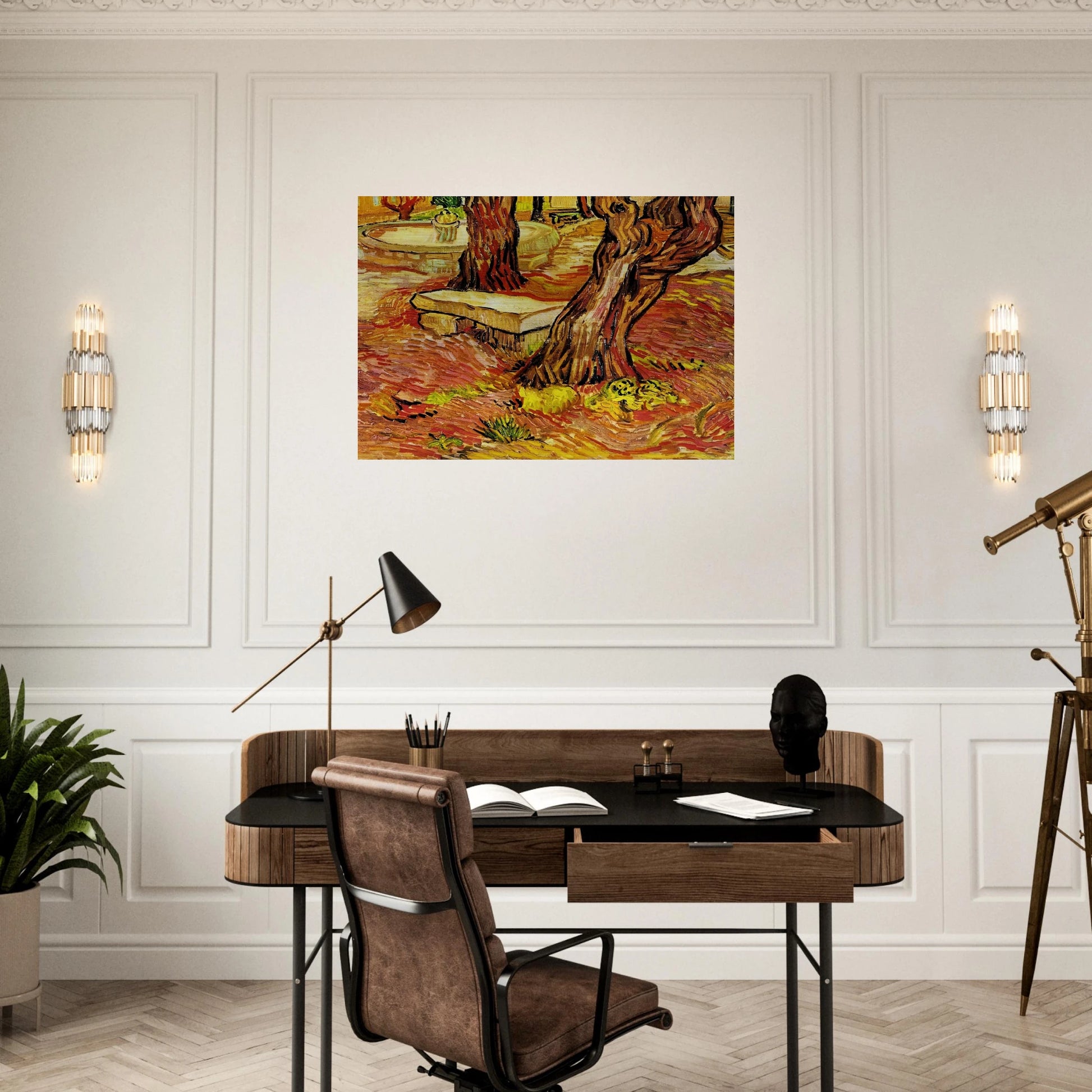 The Stone Bench in the Garden at Saint-Paul Hospital - Vincent van Gogh Brushed Aluminum Print - 70x100 cm / 28x40 inches | Vincent van Gogh Aluminum Print | Vincent van Gogh Prints