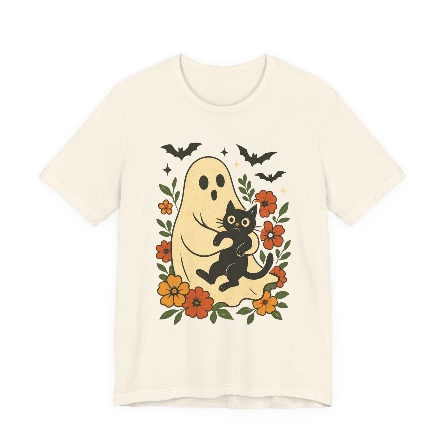 Fantasma espeluznante sosteniendo un gato negro con un elegante diseño floral para Halloween