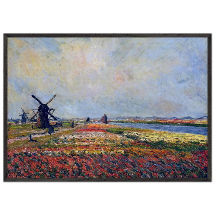 Fields of Flowers and Windmills near Leiden - claude monet 70x100 cm / 28x40 inches Framed Art Print – Black Wooden Frame