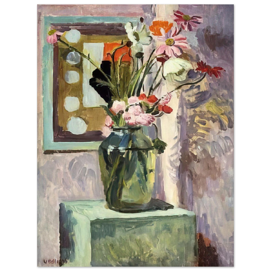 Vanessa Bell - FLOWERS IN A GLASS VASE WITH ABSTRACT NEEDLEWORK DESIGN  75x100 cm / 30x40inches Fine Art Poster