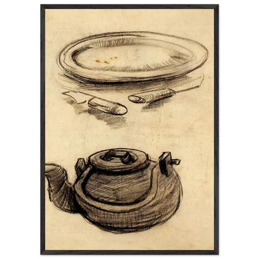 Plate with Cutlery and a Kettle - Vincent van Gogh 70x100 cm / 28x40 inches Framed Art Print – Black Wooden Frame