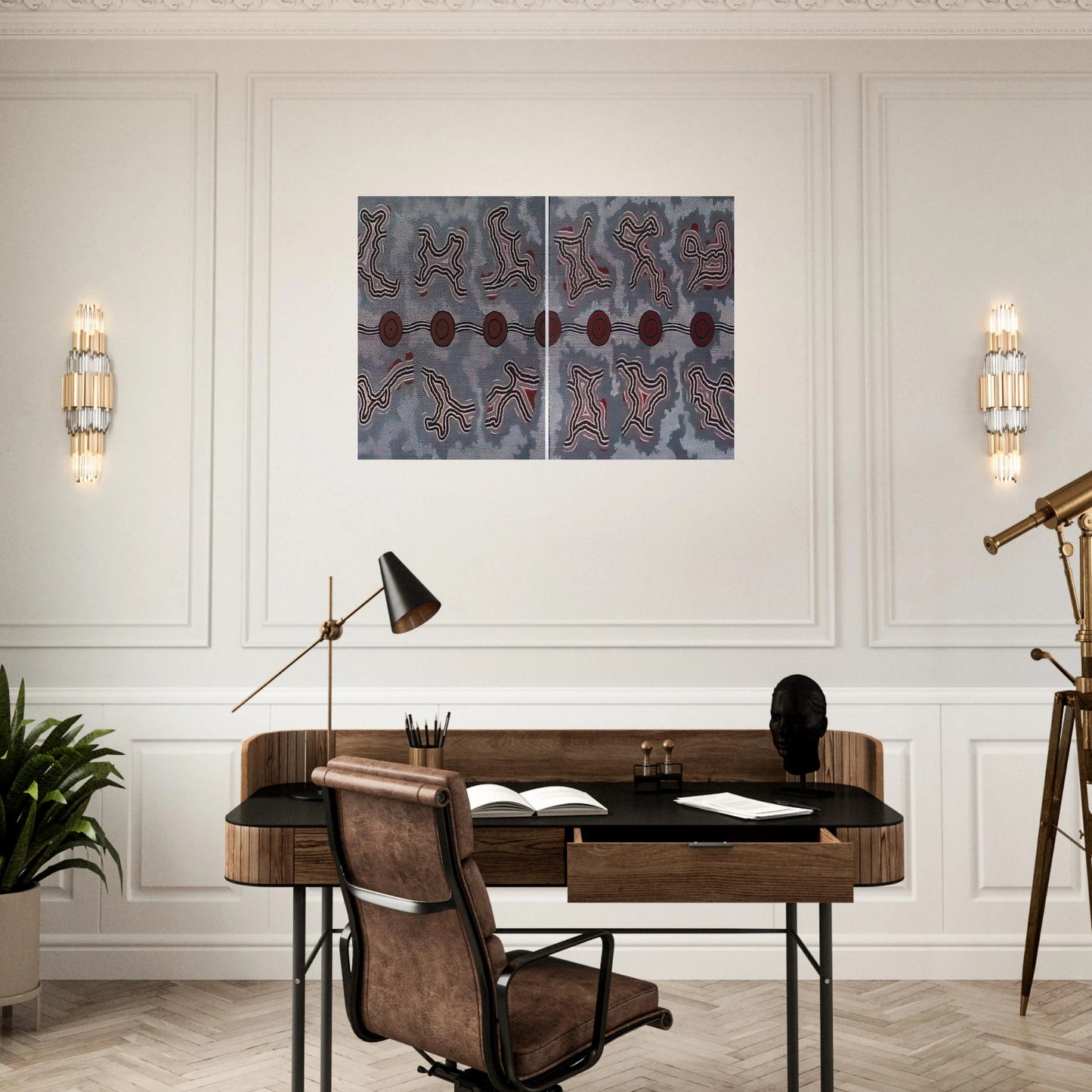 Narripi Dreaming Diptych - 1990 - Clifford Possum Tjapaltjarri Brushed Aluminum Print - 70x100 cm / 28x40 inches | Clifford Possum Tjapaltjarri Aluminum Print | Clifford Possum Tjapaltjarri Prints